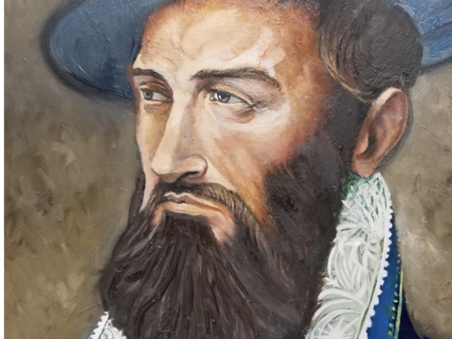 Jean Ribault wearing a blue hat and blue coat with a white collar. 