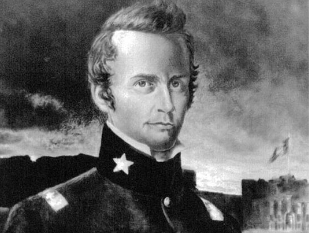 William Barret Travis wearing a military uniform with a star on his collar. 