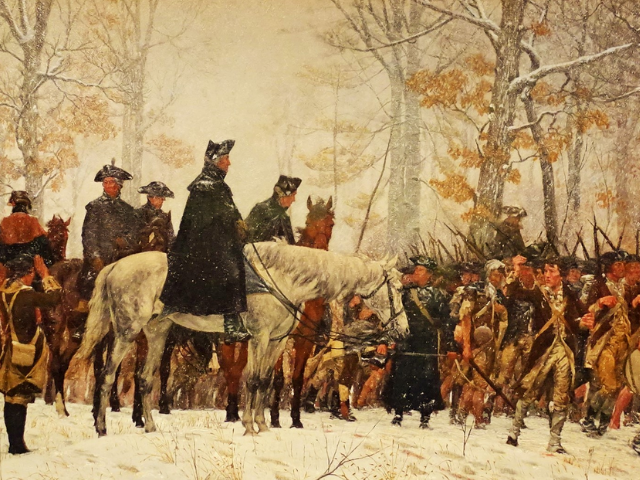 Soldiers on horses and foot walking through snow.  