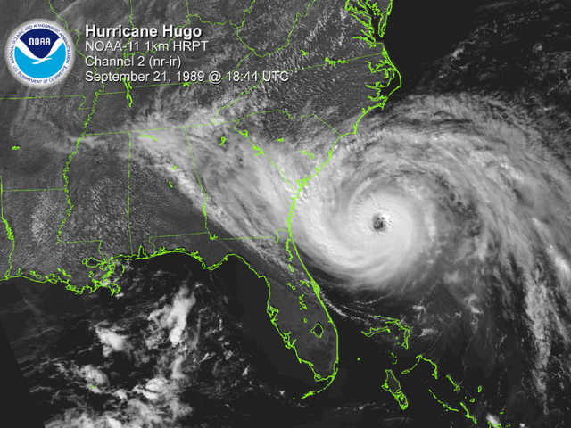 Map of Hurricane Hugo hitting the coastline of Florida, Georgia, and South Carolina. 