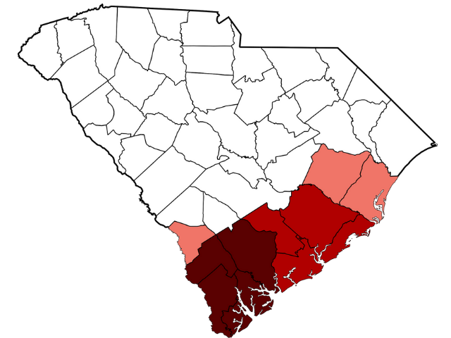 South Carolina map with Lowcountry counties marked in pink, red, and garnet