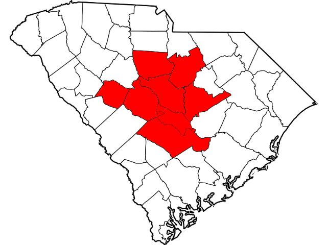 Map of South Carolina with the center counties in red