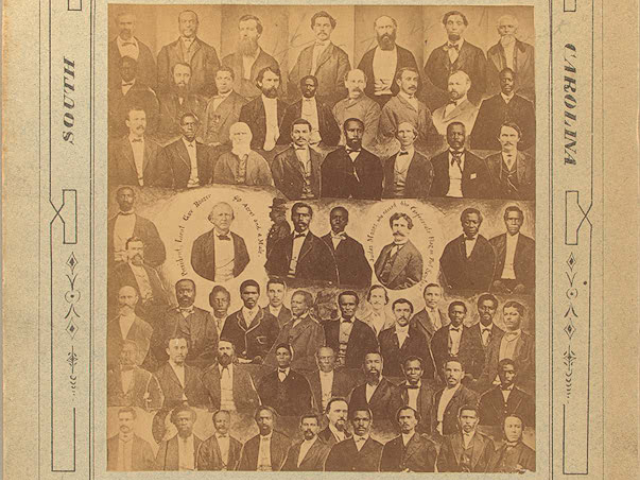 A yellowed picture of men