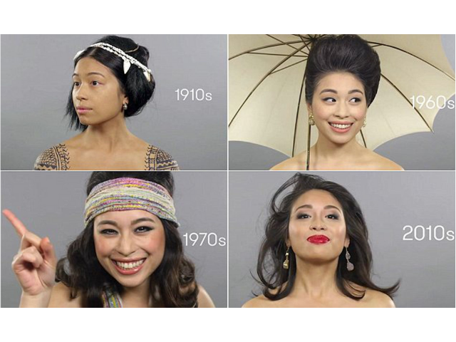 woman wearing different styles of clothing and hairstyles. 