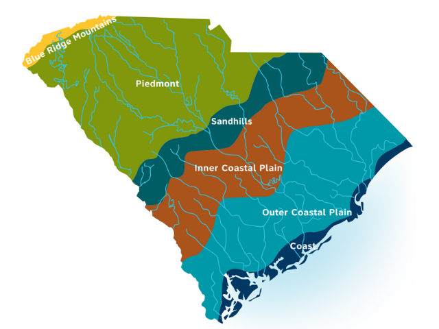 Map of SC in various colors to represent each region. Inner Coastal Plain is in orange while the outer is in blue. 