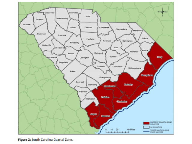 Map of SC. Coastal Zone in marked in red. 