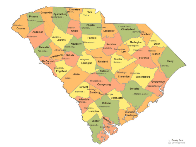 A colorful map of South Carolina's counties. 