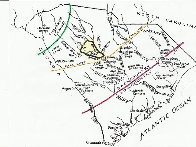 Map of South Carolina with a green, yellow, and magenta lines to represent Cherokee lands, Fall Line, and Backcountry/Lowcountry