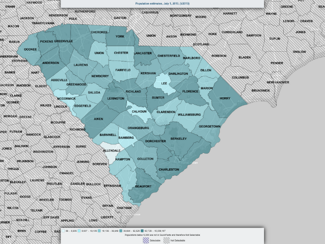 A map of South Carolina in various shades of blue