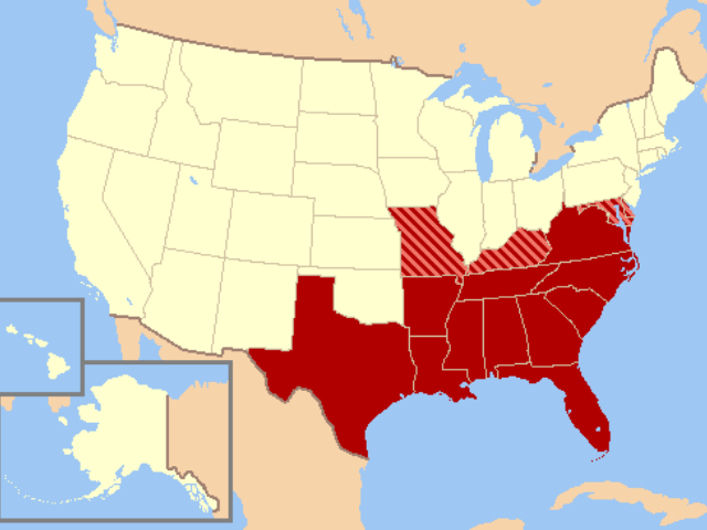 Map of United States with the southern states in red