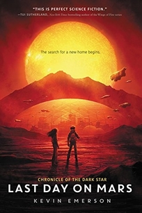 Two people look at a domed city and large yellow sun against a red landscape.