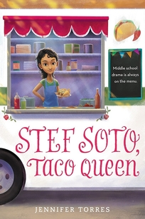 Girl in a blue apron holding a plate of tacos on a food truck.