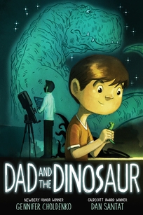 A boy holds a toy dinosaur while a man in the background stands next to a telescope with a dinosaur over him.
