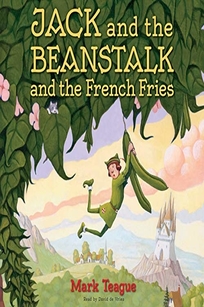 A boy dressed in green dangles from two green bean pods from a large beanstalk.