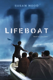 A boy points at a plane from the lifeboat he is standing from behind the plane is a huge 12 in the sky. 