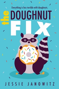 A raccoon holds a frosted sprinkled donut. 