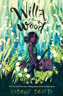 A girl stands in green grass with a brown wolf. 