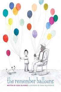 A dog, boy, and old man in a rocking chair hold colorful balloons.
