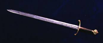 A silver bladed sword with reddish gold hilt. 