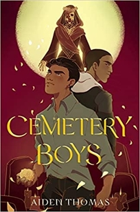 Two teen boys have their backs turn towards each other as a skeletal figure in a robe hovers in front of the moon behind the boys. 