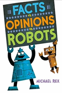 A big blue robot and a small orange robot hold up a sign.