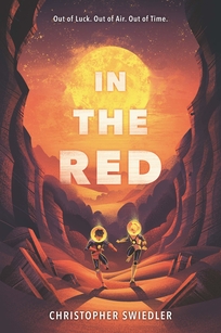 Two people run through a red canyon with a large sun overhead.