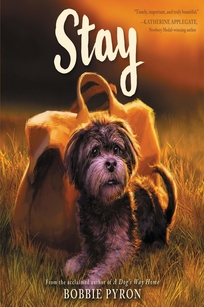 A small and furry black, white, and gray dog lies next to a brown bag in the grass.