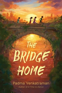 Four kids and a dog run across an old bridge with the sun setting against a city background. 