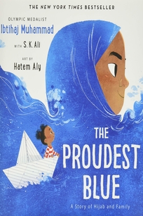 A little girl in a paper boat sailing across a girl's blue hijab. 