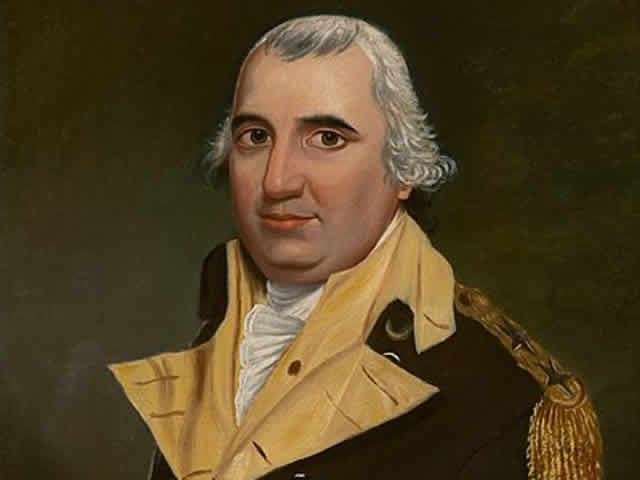 Charles Cotesworth Pinckney wearing a powdered wig and a black and gold coat