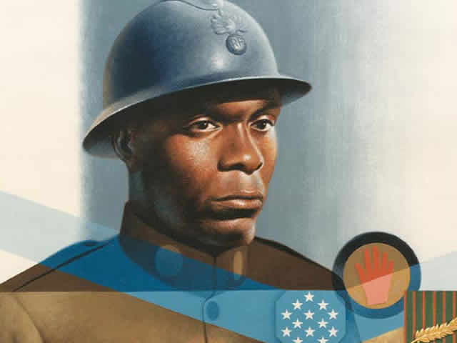 Freddie Stowers wearing a blue helmet and olive colored army uniform. 