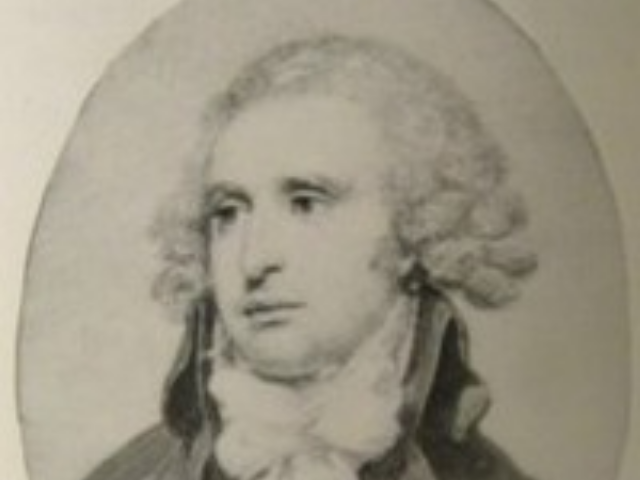 A drawing of man in a powdered wig 