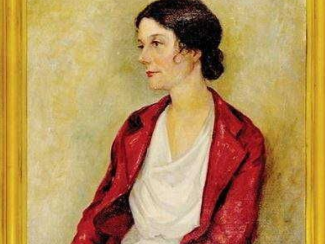 Painting of Kadra Maysi wearing white dress and red jacket