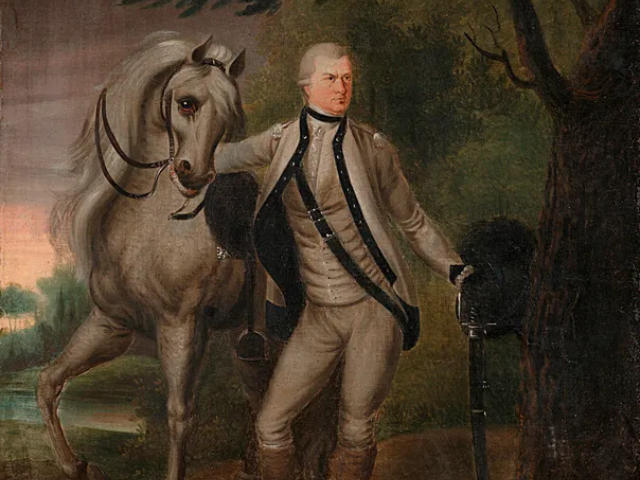 Color painting of Peter Horry with his horse
