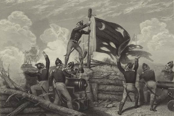 An image of Sgt. Jasper raising the battle flag of the colonial forces over present-day Fort Moultrie on June 28, 1776 during the Battle of Sullivan's Island.