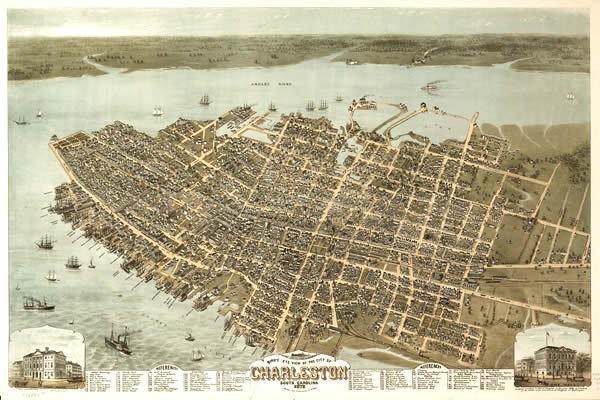 Bird's eye view of the city of Charleston, South Carolina 1872 by Charleston's TheDigitel is licensed under CC0 1.0
